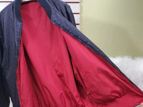 Men’s Gucci Logo GG nylon Reversible Bomber Jacket Navy Red SZ 52. LAYAWAY !!!
